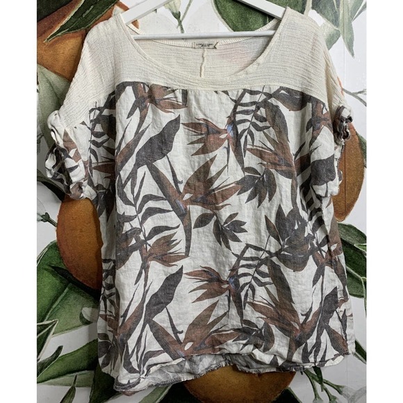 Lungo L'Arno Italy Made 1X Floral Rolled Sleeves Floral Blouse 100% Linen - Picture 1 of 9